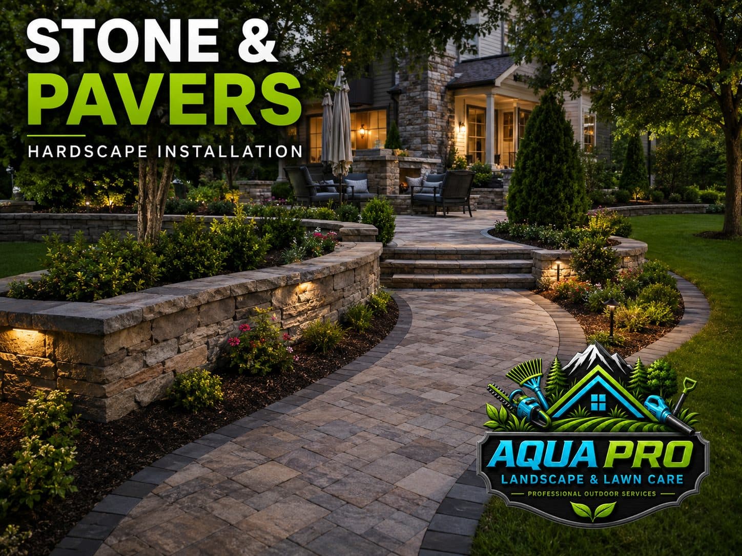Stone paver walkway with low retaining wall and warm landscape lighting