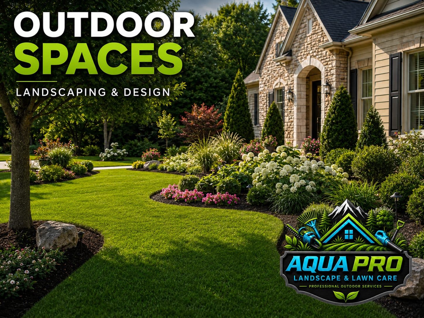 Full landscape installation around a luxury home with flowering beds and mature shrubs
