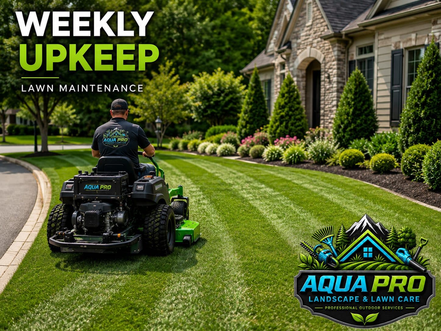 AquaPro crew mowing crisp stripes into a manicured residential lawn