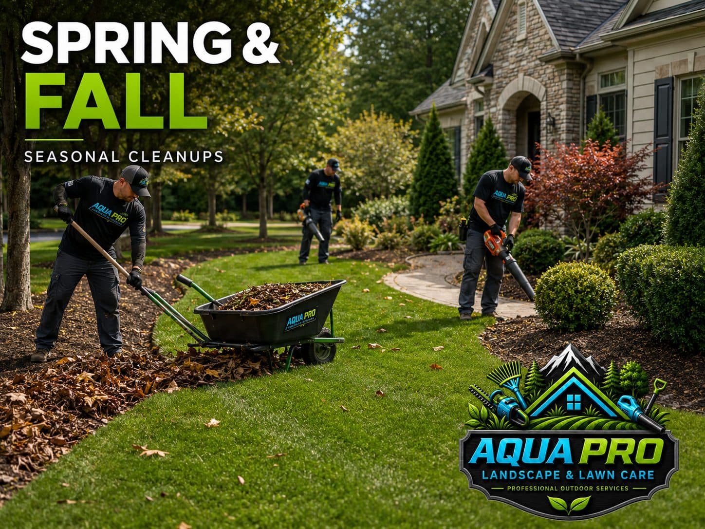 AquaPro crew performing a fall property cleanup with rakes and a wheelbarrow