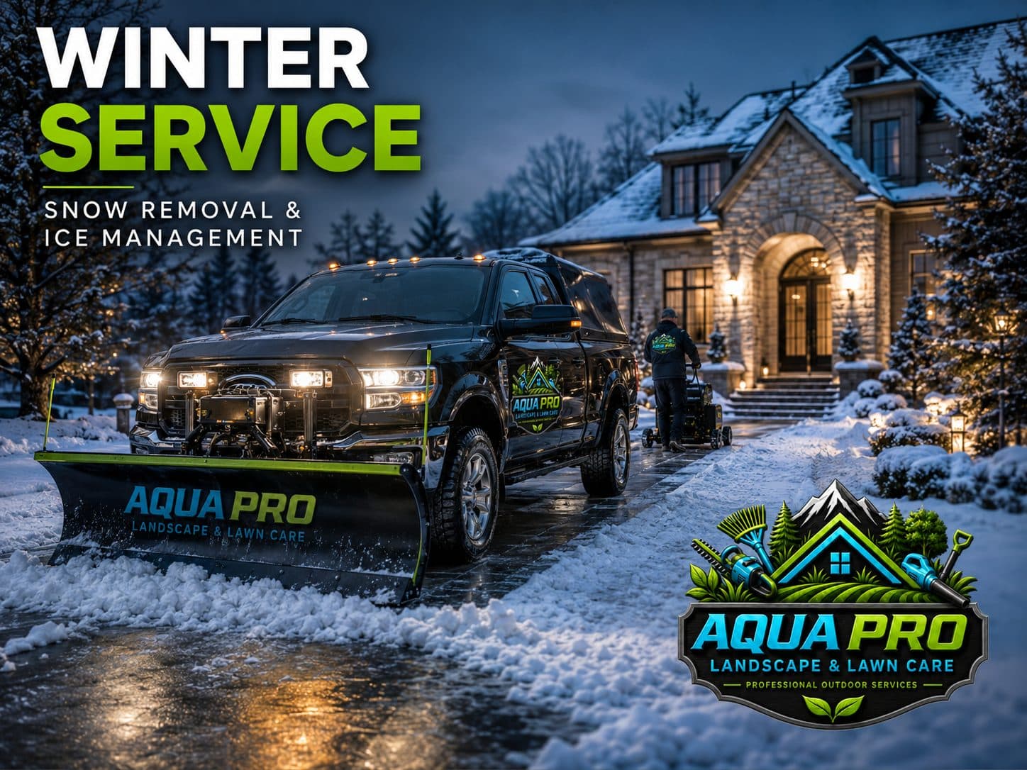 AquaPro plow truck clearing a snow-covered driveway in front of a Metro Detroit home